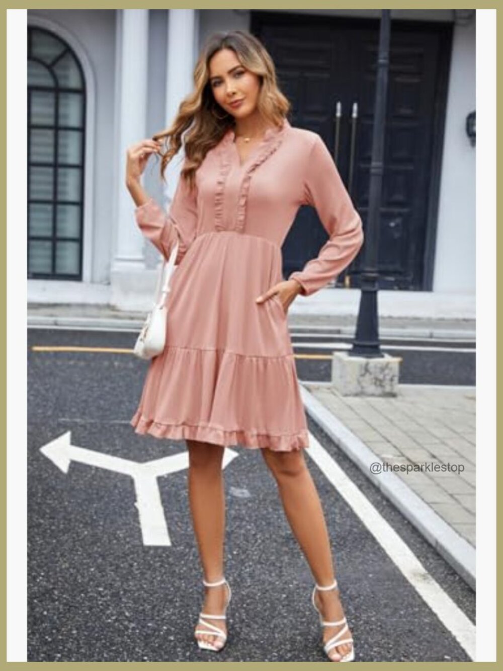 Casual Pleated Long Sleeve Midi Dress with Pockets - Picture 5 of 6